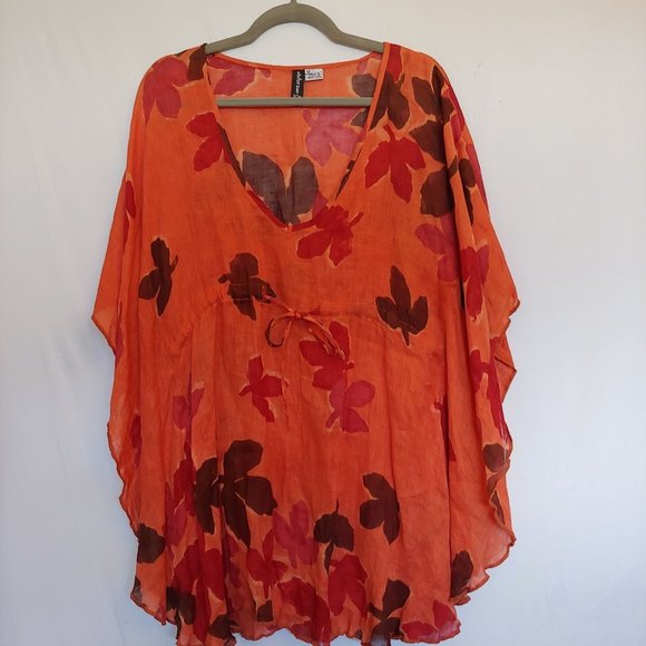 Winter Sun orange fall leaves 100% linen butterfly sleeve Medium - Picture 1 of 9
